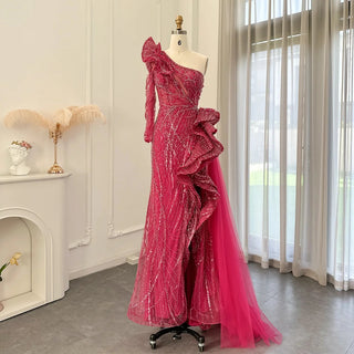 Vibrant Vision: Dubai-Inspired 2024 Fuchsia One-Shoulder Evening Gown with Side Slit - A Luxurious Mermaid Prom and Wedding Attire.