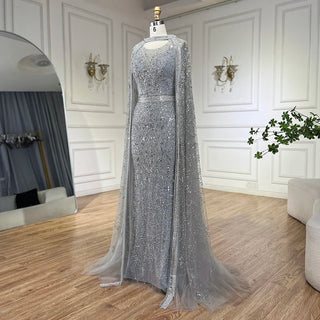 Ships in 1 to 3 Days - 2024 Luxury Dubai Gray Arabic Mermaid Beaded Evening Gown with Detachable Long Cape for Women's Party