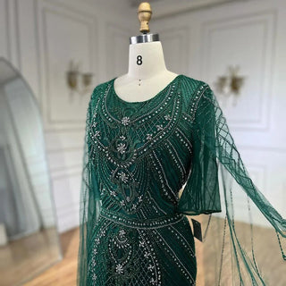 Dubai Arabic Green Mermaid Evening Dress with Elegant Luxury Beaded Cape Sleeves for Women's Party 2024