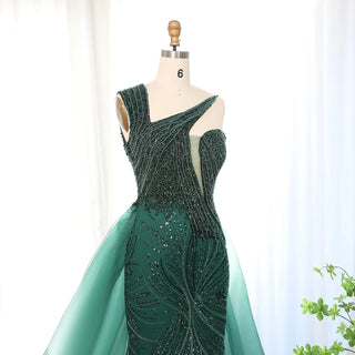 Luxury Emerald Green Evening Dress with Overskirt - Elegant One-Shoulder Women's Wedding Party Prom Formal Gown