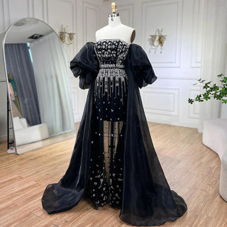 Black Mermaid Evening Gown with Puff Sleeves: Beaded Overskirt Design for Women's Party