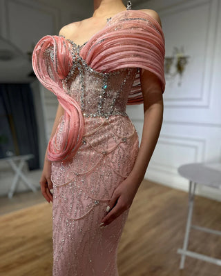 Pink Mermaid One-Shoulder Beaded Cut-Out Evening Dress Gown for Wedding Party