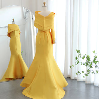 Arabic Yellow One Shoulder Mermaid Evening Dress with Cape Baby Blue Beaded Dubai Luxury Wedding Party Dress