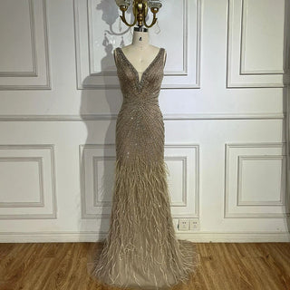 Luxury Dubai Caramel Spaghetti Strap Evening Dresses with Feathers For Women’s Wedding Party