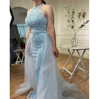 Chic Blue Halter Sleeveless Mermaid Elegant Overskirt Beaded Evening Gown - 2024 Formal Party Dress for Women