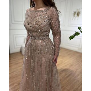 Ships in 1 to 3 Days - Luxury Gold Mermaid Evening Dress with Long Sleeves and O-Neck - Women's Party Gown 2024