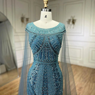 2024 Arabic Blue Mermaid Elegant Cape Sleeves Beaded Luxury Evening Dresses Gowns for Women Wedding Party