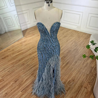 Ships in 1 to 3 Days - 2024 Arabic Strapless Blue Beaded Feathers Luxury Dubai Evening Gowns with Side Skirt for Women's Party