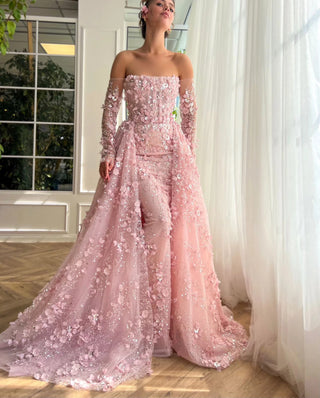 Elegant 3D Flowers Pink Luxury Dubai Evening Dress with Overskirt: Lilac Long Sleeves for Women's Wedding Party