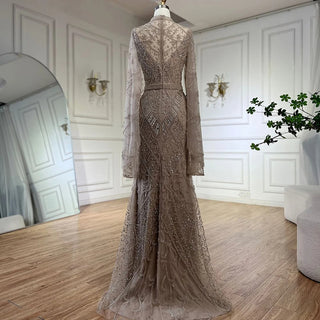 Muslim Nude Mermaid Evening Dress with Beaded Bell Sleeves for Formal Occasion