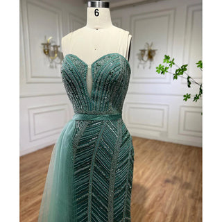 Ships in 1 to 3 Days - Arabic Turquoise Mermaid Evening Gown 2024: Sexy High Split, Beaded, for Women's Wedding Party