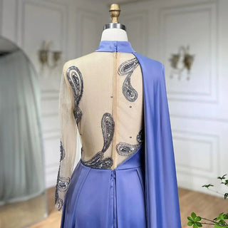 Arabic Blue Mermaid Elegant Cape Sleeves Beaded Satin Luxury Evening Dress - Women's Party 2024