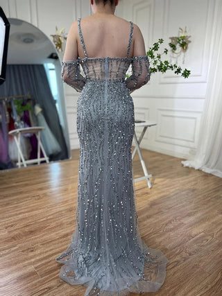 Grey Mermaid Spaghetti Strap Evening Gown: Luxury Beaded Elegance for Weddings and Parties 2024