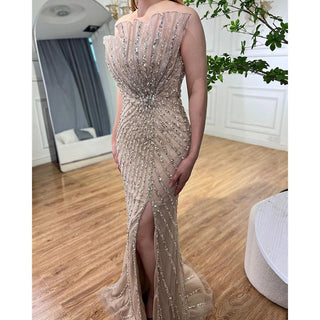 Caramel High Split Off Shoulder Mermaid Evening Dress - Beaded Gown for Women Wedding Party 2024