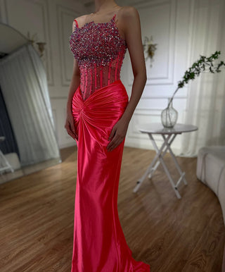 Ships in 2 to 5 Days -2025 Arabic Fuchsia Strapless Side Slit Beaded Mermaid Luxury Dubai Evening Gown for Women's Party