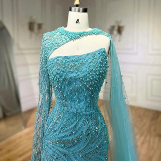 Ships in 1 to 3 Days - Blue Mermaid Long Cloak High Split Beaded Pearls Luxury Evening Dress - Women's Wedding Party 2024