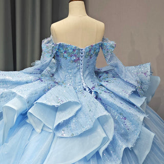 Bling Blue Off-Shoulder Puffy Quinceañera Gown with Sequins and Beading