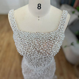 White Nude Spaghetti Strap Mermaid Evening Dress - Luxury Pearls Beaded Gown for Women's Wedding Party (2024)