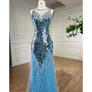 Azure Elegance: Light Blue Feathered Mermaid Dress for Prom, Weddings, and Graduation Events.