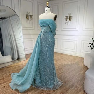 Turquoise Luxury Evening Dress with Side Train - Pearls One Shoulder Gown for Women's Formal Prom Wedding Party