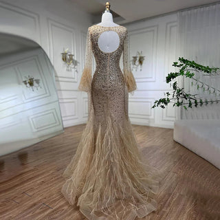 Muslim Gold Feathers Beaded Tassel Arabic Luxury Evening Gown 2024 - Perfect for Women's Wedding Parties