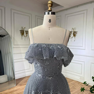 Ships in 2 to 5 Days - 2025 Arabic Gray A-Line Off-The-Shoulder Beaded Saudi Evening Gown for Formal Occasions