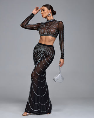 Ships in 1 to 3 Days - Sheer Black Two-Piece Gown with Glittering Rhinestone Accents