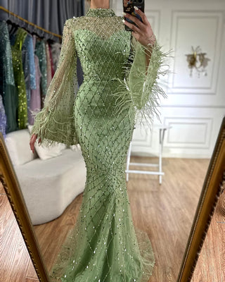 Ships in 1 to 3 Days - 2024 Saudi Caramel Mermaid Evening Dress - Illusion Cut Out Lace Beaded Feathers Gown for Formal Occasions