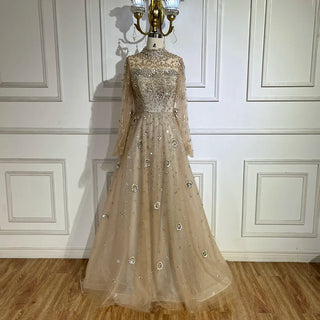 Ships in 1 to 3 Days - Muslim Caramel A-Line Beaded Luxury Elegant Dubai Long Evening Gown for Women - Wedding Party 2024