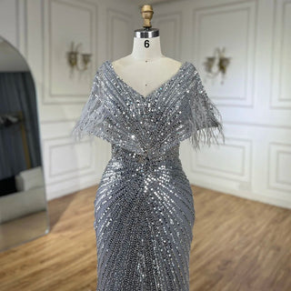 2024 Arabic Elegant Gray Mermaid Luxury Dubai Evening Gown with Feathers Beaded Dress for Women's Party