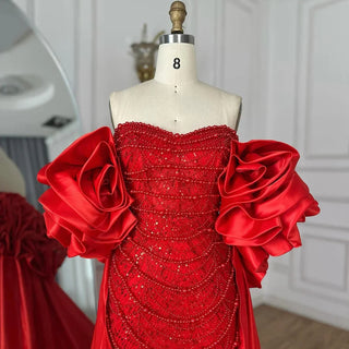 Ships in 2 to 5 Days - 2025 Customized Red Mermaid Evening Gown with Long Cape and Pearls Beaded Embellishments