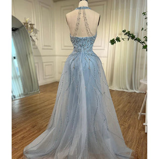 Chic Blue Halter Sleeveless Mermaid Elegant Overskirt Beaded Evening Gown - 2024 Formal Party Dress for Women