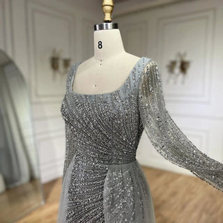 Arabic Dubai Silver Gray Mermaid Evening Dress - 2024 Luxury Beaded Gown with Detachable Skirt for Women's Party