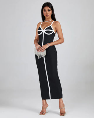 High-Quality Black and White Spaghetti Strap V-Neck Bodycon Maxi Summer Bandage Dress - Elegant Casual Dress