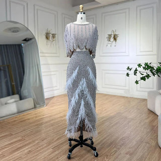 Dubai White Feathers Two Pieces Midi Luxury Evening Dress for Women Wedding: Beaded Short Prom Party Gowns