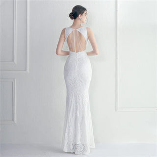 Backless Beaded White Sequin Evening Dress - Women's Party Maxi Prom Dress