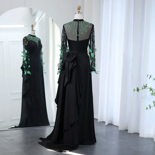 Black Satin Mermaid Lace Beaded Luxury Long Evening Dress - Women's Wedding Party 2024