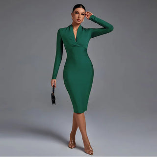 High-Quality V-Neck Draped Long Sleeve Bandage Dress - Elegant Knee-Length Dress for Women