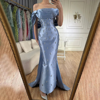 Arabic Blue Beaded Crystal Ankle-Length Mermaid Satin Evening Dress Gown for Party