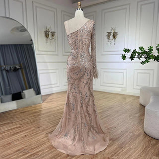 Dubai Nude One-Shoulder Luxury Beaded Feathers Split Mermaid Evening Dress - Gown for Women's Party