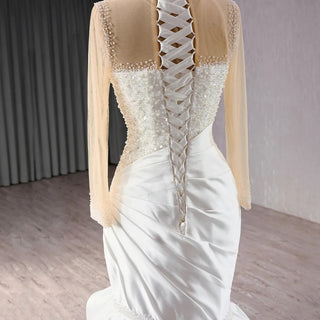 Exclusive Long Sleeve Satin Mermaid Wedding Dress with Pearls and Ruffles