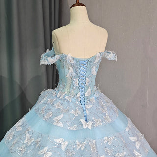 Bling Sky Blue Butterfly Evening Party Gown for Women