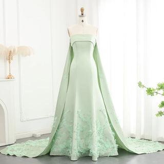 2024 Arabic Sage Green Strapless Satin A-Line Evening Gown with Luxury Crystal Appliques for Formal Occasions