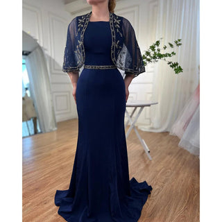 Navy Blue Satin Mermaid Elegant Evening Gown 2024 - Beaded Shawl Yarn Sexy Dress for Women's Party