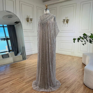 Ships in 1 to 3 Days - Luxury Dubai Silver Nude Mermaid Evening Dress with Cape Arabic Gowns with Beaded Details for Women's Party 2024