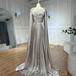 2025 Nude Beaded Satin A-Line Evening Gown with Cape Sleeves - Saudi Arabic Formal Dress