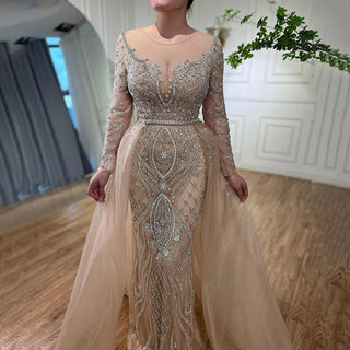 Nude Luxury Muslim Mermaid Evening Dress with Beaded Overskirt - Elegant Gown for Women's Party 2024