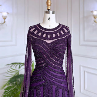 Arabic Purple Elegant Mermaid Cape Sleeves Lace Beaded Evening Dress - Women's Wedding Party Gown 2024