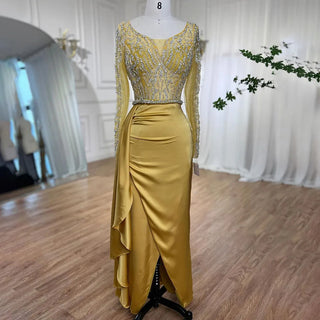 Yellow Long Sleeves Mermaid Evening Dress with Skirt - Beaded Dubai Mid-Length Party Gown 2024 for Women