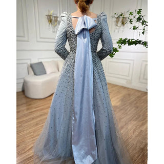 Ships in 1 to 3 Days - Arabic Grey A-Line Evening Dress 2024 with Puffy Shoulders, Elegant Beaded Luxury - Ideal for Women's Wedding Party